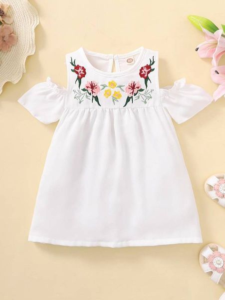 

baby floral embroidery cold shoulder puff sleeve dress she, Red;yellow