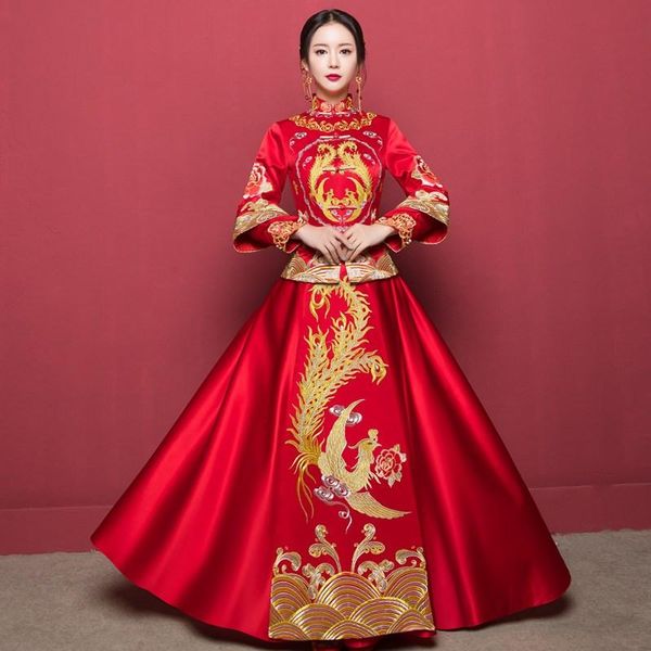 

ethnic clothing ancient marriage costume the bride gown traditional chinese wedding dress womens cheongsam embroidery phoenix red qipao