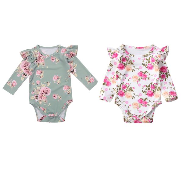 

2021 lovely sweet newborn toddler baby girls 2 style cotton long sleeve o-neck covered button floral print bodysuit outfit 0-18m, White