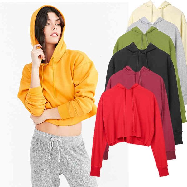 

women's hoodies & sweatshirts fall women solid crop long sleeve jumper hooded pullover coat loose fwww, Black