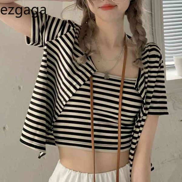 

ezgaga striped two piece set women short sleeve t shirts+camis slim thin summer ins korean fashion crop casual 210430, White