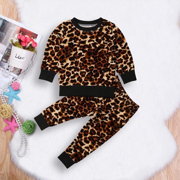 

autumn winter kids baby girls clothes sets leopard print long sleeve sweatshirts pants tracksuit outfit clothing, White
