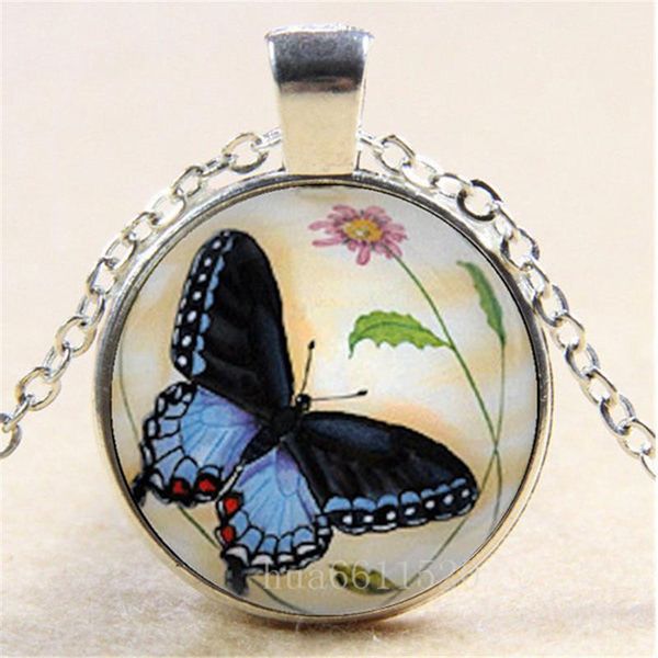 

vintage butterfly po cabochon glass chain necklace,charm creative women pendants fashion jewelry friend gifts chains, Silver