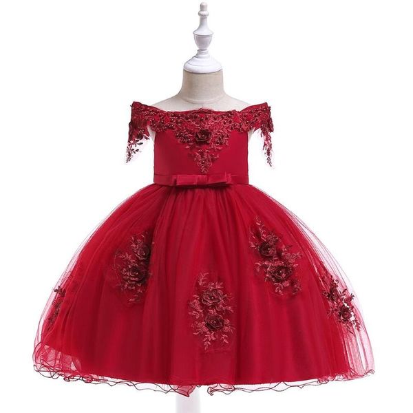 

girl's dresses drop ship princess pageant party dance wedding birthday ball bown lovely child dress stereo flowers slash neck ropa, Red;yellow
