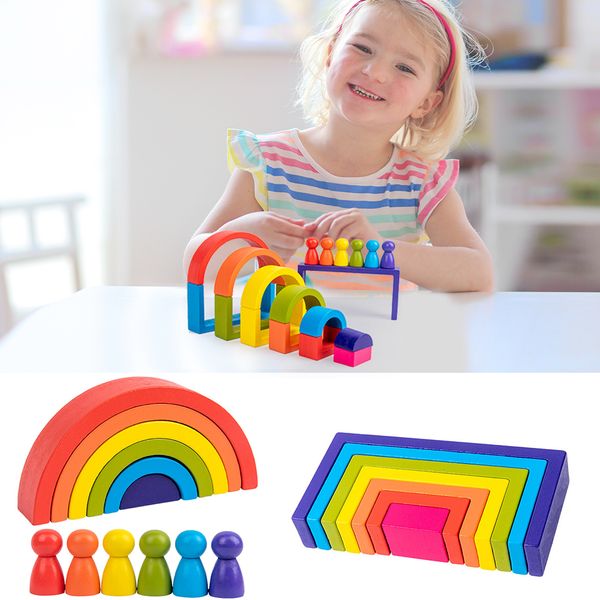 

Rainbow Building Blocks Stacker DIY Wooden Stacking Game Creative Kids Montessori Educational Toys Children Gift