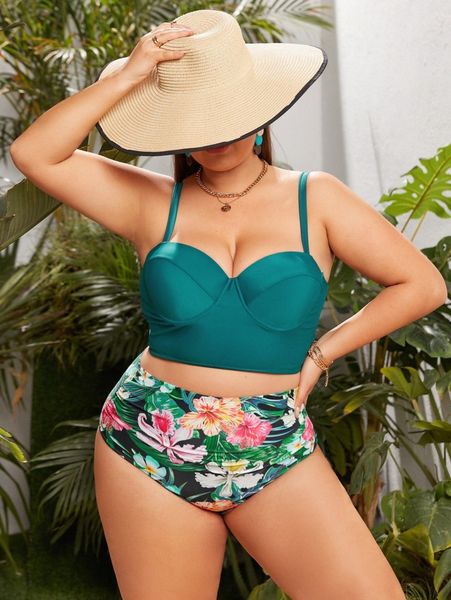 

plus floral push up high waisted bikini swimsuit w8iv#, Black