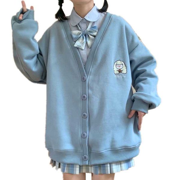 

women's knits & tees spring autumn preppy school cardigan sweater v-neck knitted sweaters jk uniforms kawaii cartoon cow sheep embroide, White