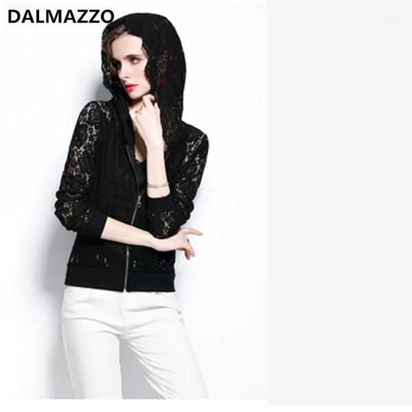 

women's jackets dalmazzo fashion women hooded lace hollow out cardigan short jacket coat 2021 est summer womans zippers slim coats fema, Black;brown