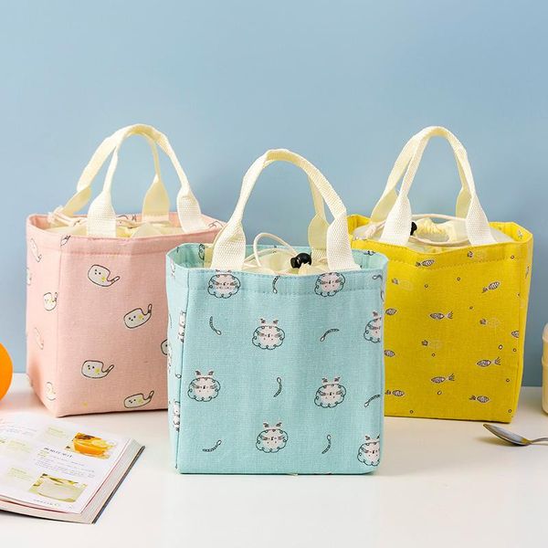 

storage bags portable insulation lunch bag for kids women office camping cartoon print breakfast drink keep-fresh drawstring cooler