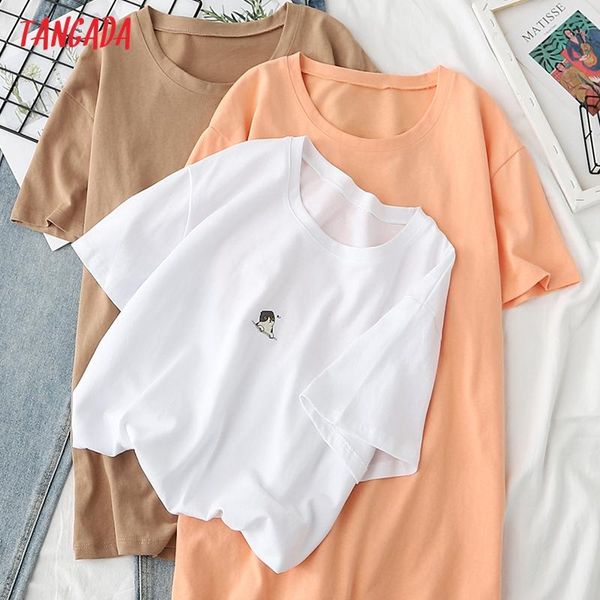 

women's t-shirt tangada 2021 women cat embroidery cotton t shirt short sleeve o neck tees ladies casual tee street wear bao46, White