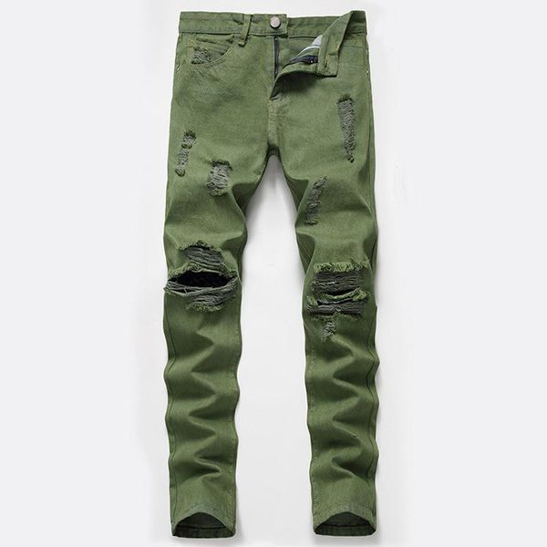 

fashion patch ripped armygreen jeans straight men slim fit designer washed denim trousers hip hop men's, Blue