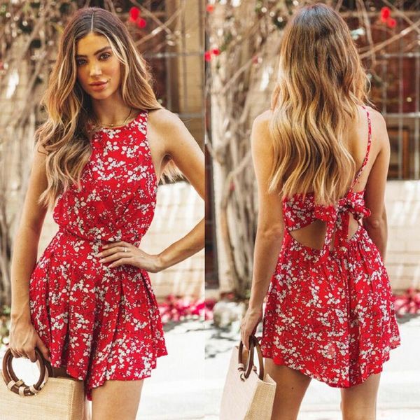 

women's jumpsuits & rompers 2021 women boho vintage floral romper summer backless beach short playsuit modis ladies sleeveless o-neck j, Black;white