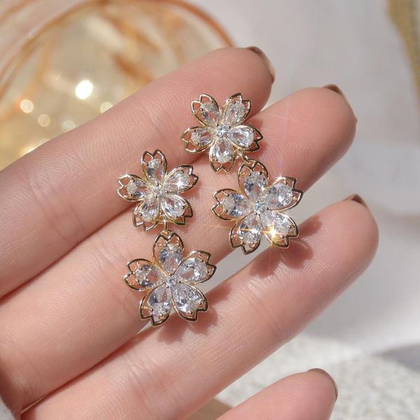 

sterling silver needle delicate zircon cz flower stud earrings for women 14k real gold, Golden;silver