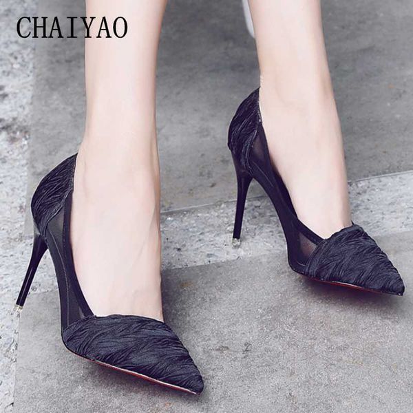

high heel women's sandals 2021 fashion sharp head air mesh silk cloth femmes shoes slip-on breathable thin heels women, Black