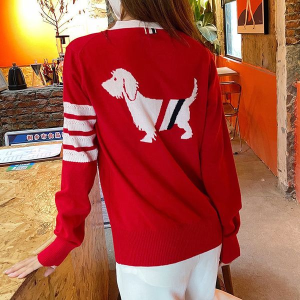 

2021 early autumn new tb four stripe back oblique tricolor color bar puppy wool knitted v-neck cardigan coat, White;black