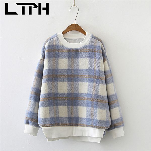 

fashion woolen plaid high-quality loose womens sweatshirts pullover o-neck long sleeve spring autumn 210427, Black
