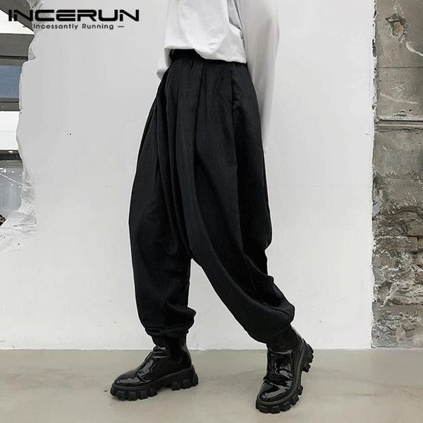 

men's pants 2021 fashion men joggers elastic waist streetwear pantalon loose solid pleated punk harem trousers plus size incerun, Black