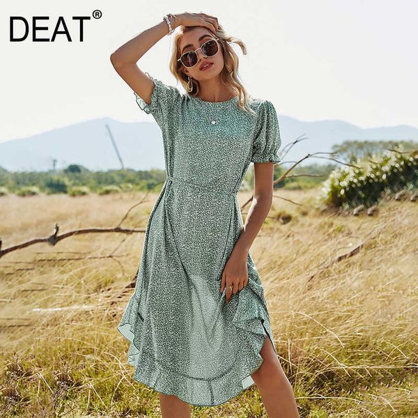 

[deat] summer fashion round neck high waist knee-length ruffles short sleeve printing loose elegant dress 13c641 210527, Black;gray