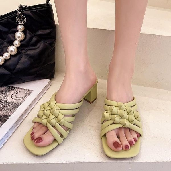 

slippers rimocy vogue green weave slides sandals women summer solid color high heels woman casual open toe beach shoes, Black