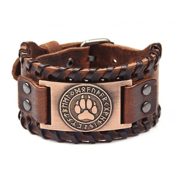 

tennis bear amulet viking bracelet adjustable wrist leather wrapped for men punk jewelry, Golden;silver
