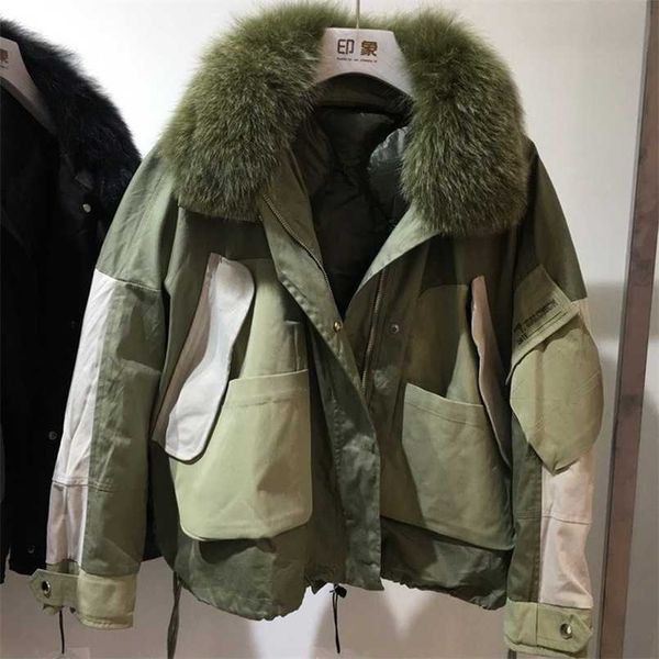 

janveny natural fur women's down jacket winter bomber oversize coat female puffer parkas 90% white duck jackets 211126, Black