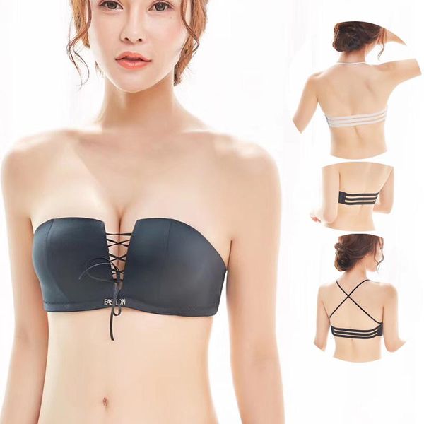 

bras invisible women lingerie beauty back bralette adjustable strapless underwea push up bra magic drawstring brassiere, Red;black