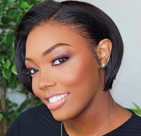 

lace wigs short wig t part pixie cut human hair for black ombre blonde woman straight brazilian bob remy, Black;brown