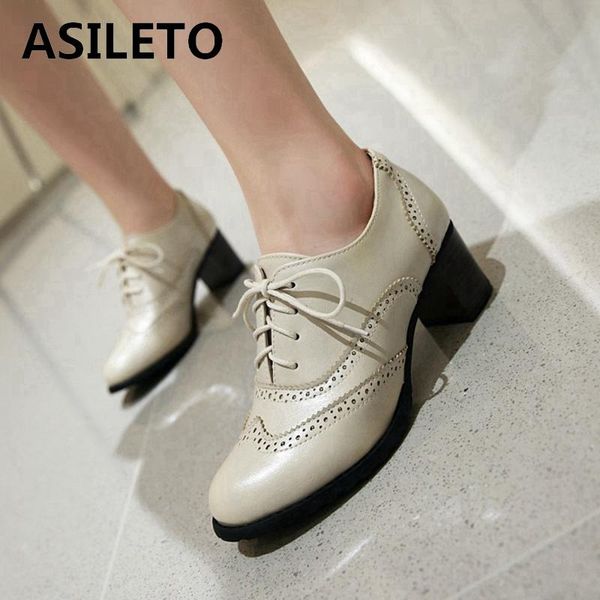 

boots asileto 2021 women pumps round toe 5.5cm wood heels platform brogue student carved retro lace-up classic spring d586, Black