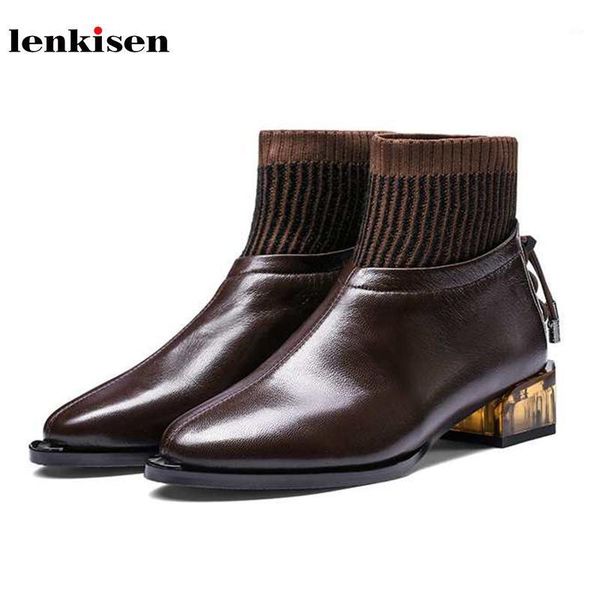 

boots lenkisen soft sheep leather knitting socks pointed toe med heels concise lace up winter keep warm women ankle l951, Black
