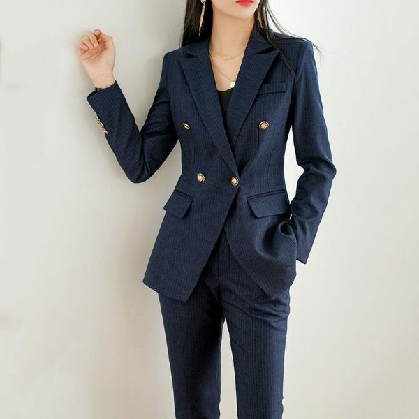 

women's two piece pants s-4xl large size suit navy blue jacket interview professional women 2021 long-sleeved high quality, White