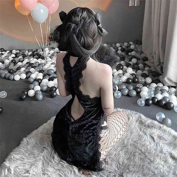 

anime cosplay costumes gothic asian cheongsam lace floral halter hollow dresses erotic outfit lingerie for women, Black;white