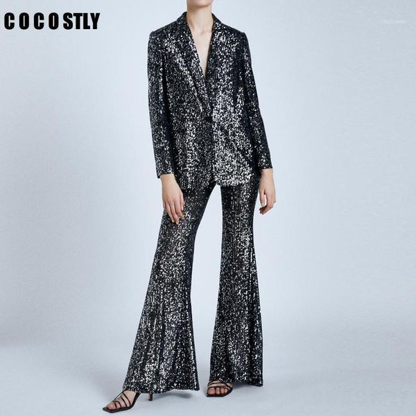 

women's suits & blazers 2021 autumn v-neck women pants suit sequins blazer jacket zipper flare trouser office ladies two piece set, White;black