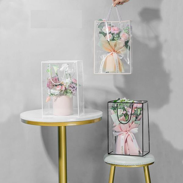 

gift wrap flower box pvc transparent packaging bags florist rose flowers wrapping bag with handle baby shower wedding supplies