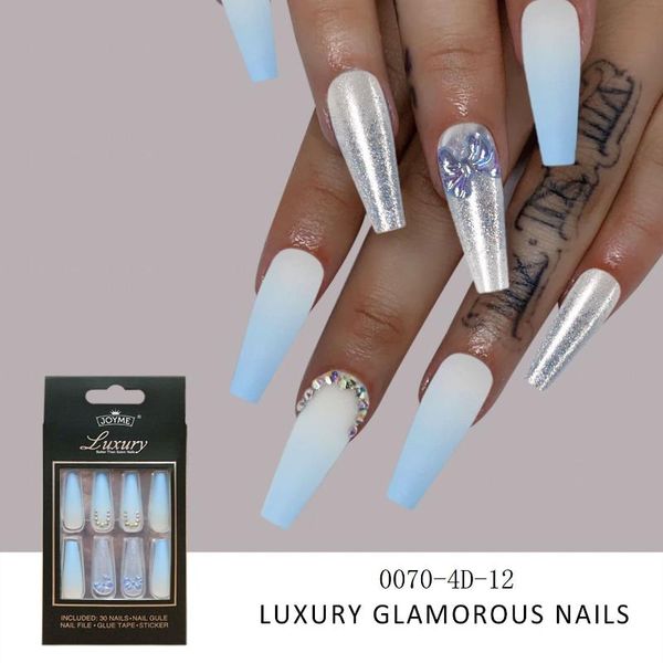 

false nails 30pcs fake french coffin ballerina detachable gradient rhinestone inlaid nail patch super long full cover, Red;gold