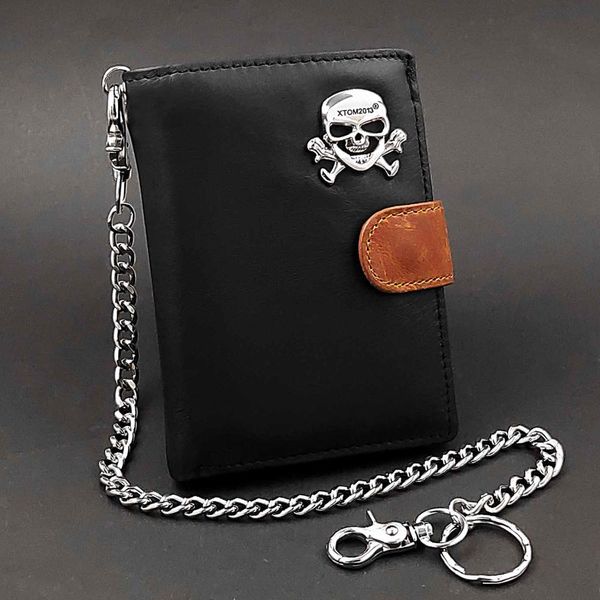 

skull biker mens card momey leather wallet purse with jean key chain, Red;black