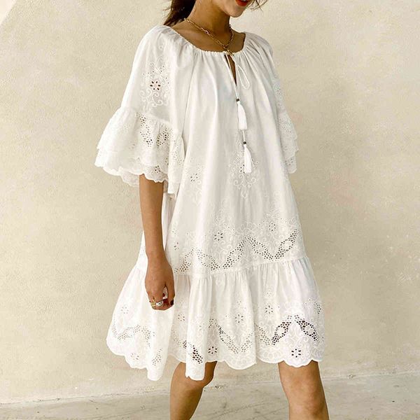 

dresses chic eyelet lace embroidery mini ruffle sleeve tassle v-neck boho casual beach summer women clothing 19wy, Black;gray