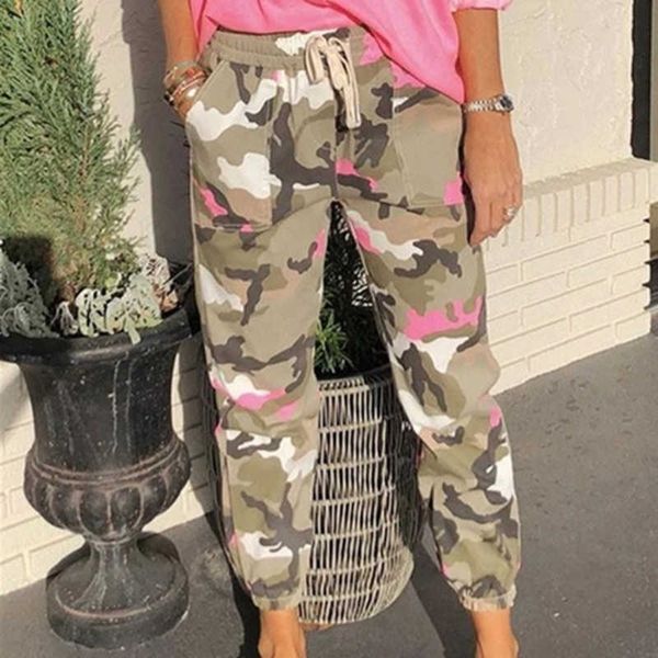 Pantaloni Harem a vita alta elasticizzati da donna Pantaloni cargo mimetici Pantaloni casual Esercito militare Combat Camouflage Sport Q0801