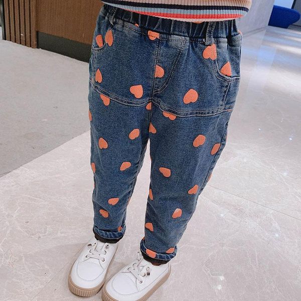 

winter 2021 children's girl printed love pants plush baby clothing wholesale 11-71 jeans, Blue