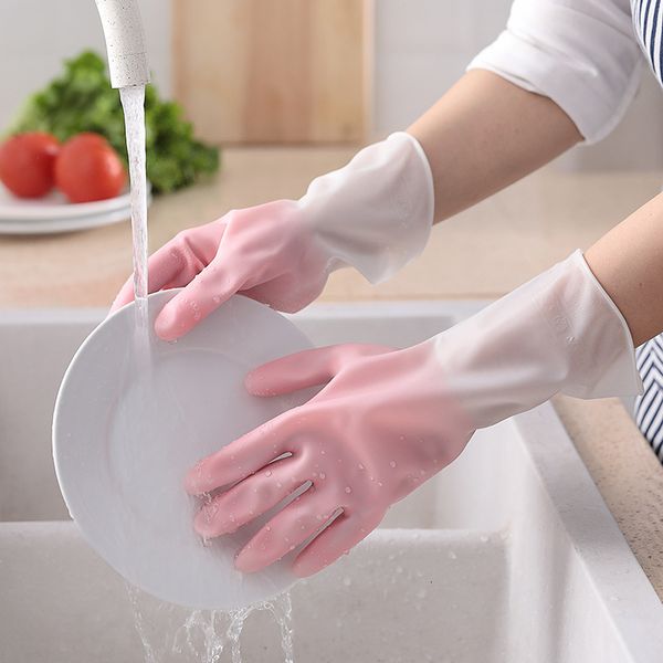 

gloves household dishwashing two color kitchen cleaning dishes washing clothes rubber waterproof non slip thin women, Blue;gray