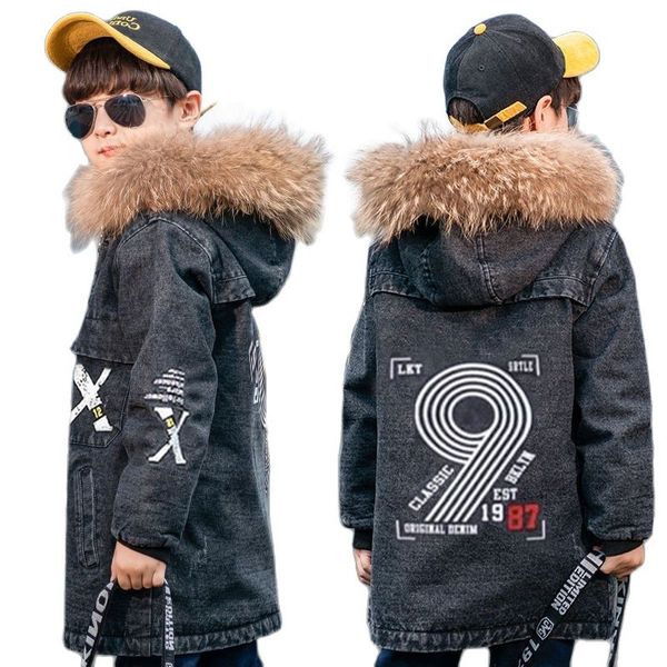 

winter denim jacket for boy new 2021 plus velvet thickening foreign style coat mid-length hooded casual childrens clothing, Blue;gray