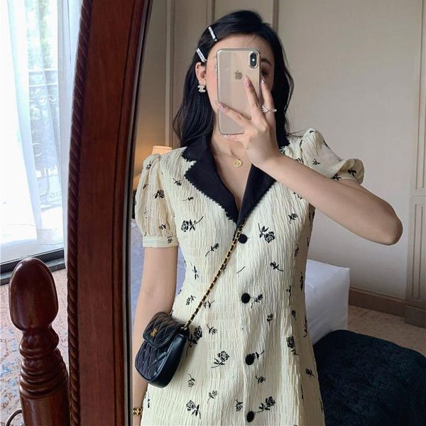 

party dresses ewsfv 2021 summer women v-neck waist french minority retro print dress temperament goddess style short sleeve, White;black