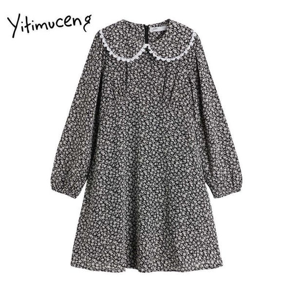 

yitimuceng floral pint lace up loose waist dresses women peter pan collar a-line summer korean fashion sweet dress 210601, Black;gray