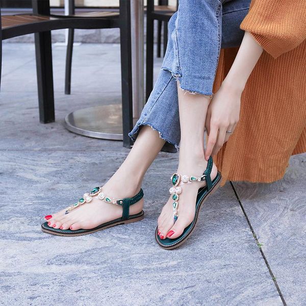 

koovan women's sandals 2021 flat women summer rhinestone herringbone roman shoes wedge heel diamond bohemian fairy, Black