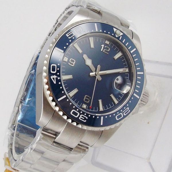 

wristwatches solid 43mm blue dial ceramic bezel miyota indicator luminous marks crystal automatic movement men's watch, Slivery;brown