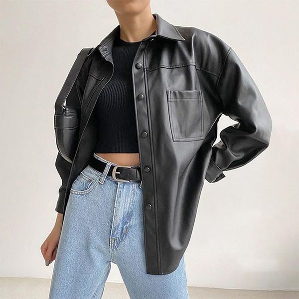 

women's leather & faux women cool pu jacket casual loose motorcycle jackets female ingle-breasted pocket coat streetwear oversized outw, Black