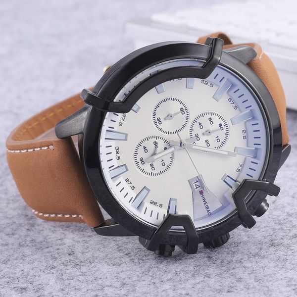 

wristwatches men's quartz chronograph watch military sports leather fashion waterproof casual date display male clock relogio, Slivery;brown