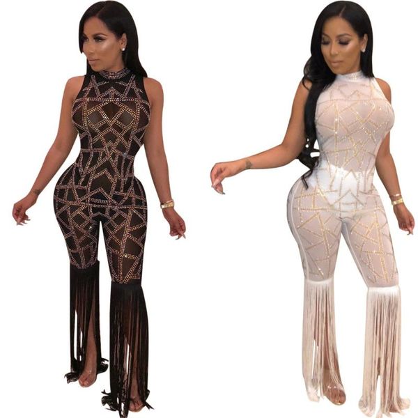 

women's jumpsuits & rompers 2021 high street fashion w/tassel ladies winter vestidos bodysuits club party sequined playsuits, Black;white