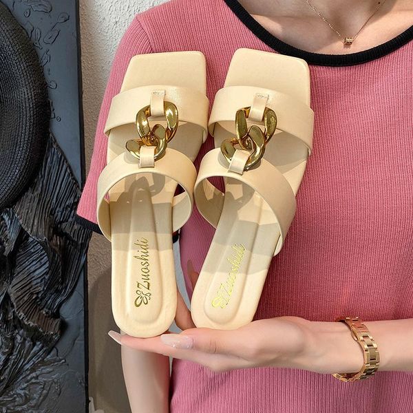 

slippers 2021 summer ladies sandals fashion metal chain soft bottom flat women's, Black