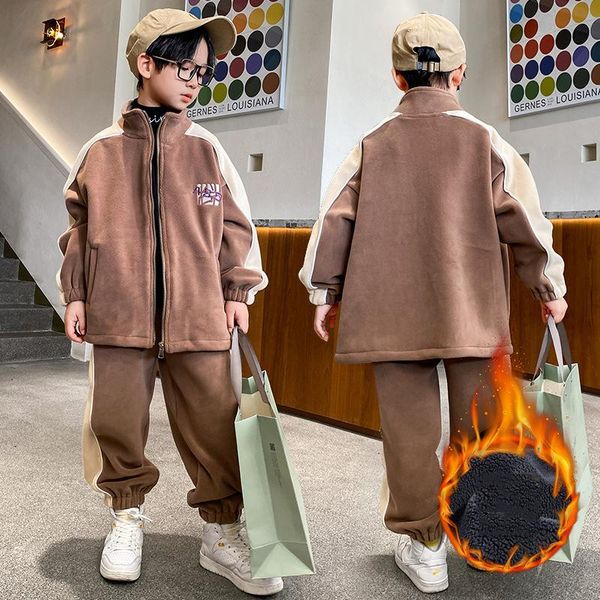 

clothing sets boys sport suit winter fleece thicken children tracksuit warm two pieces casual striped teens set 12 years kids outfits, White