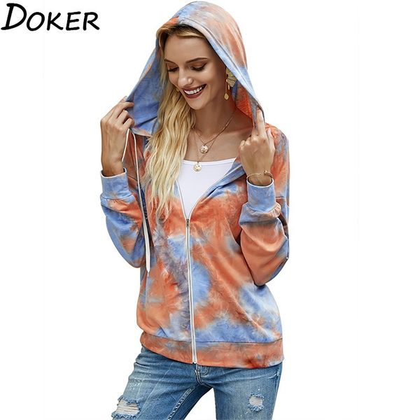 

autumn winter tie dye hoodies sweatshirts women long sleeve fashion loose hoody ladies streetwear vintage zipped sweatshirt 210423, Black